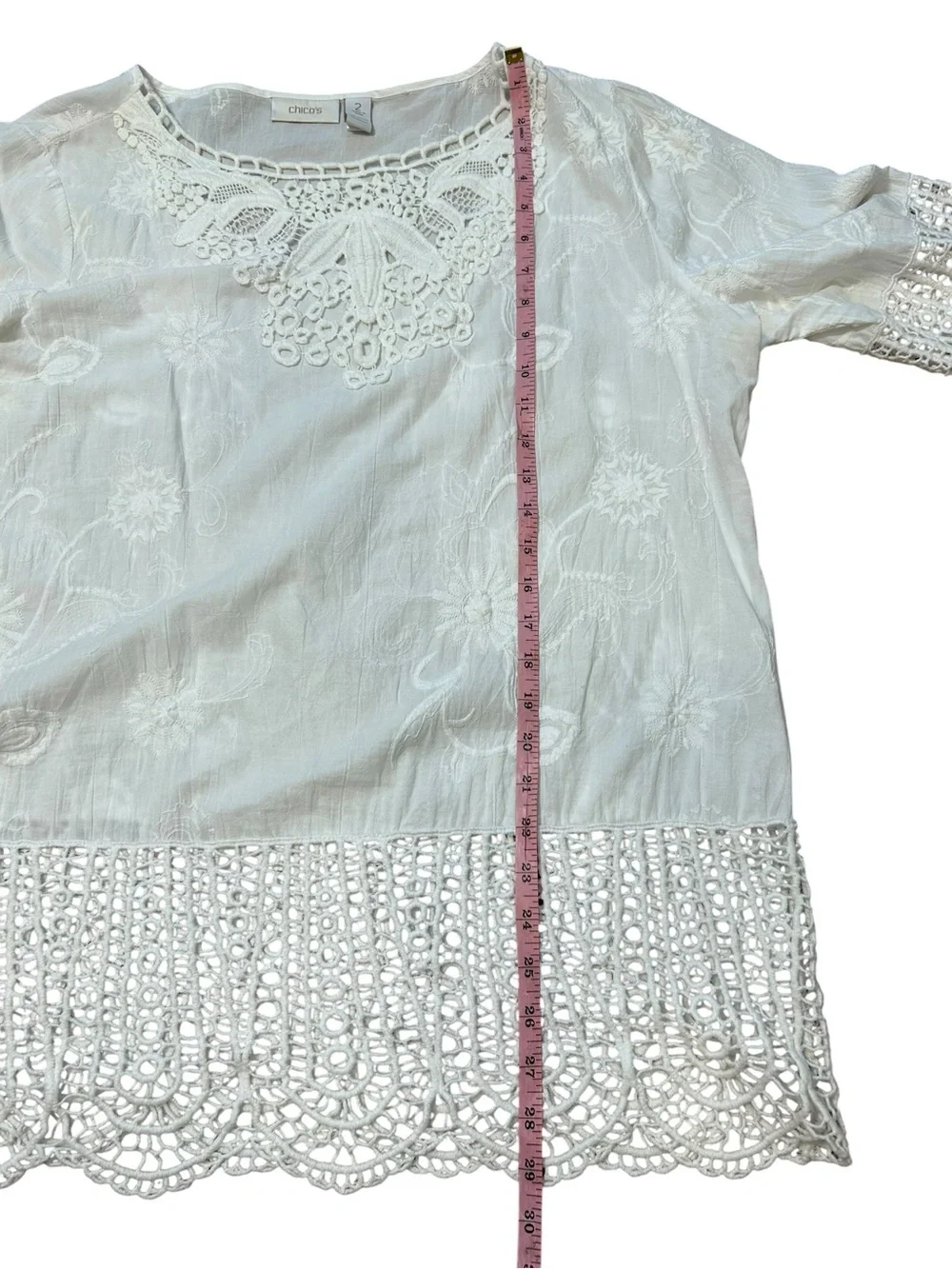 Chico’s white sheer crochet boxy top size 2 large US 12 coastal Lagenlook beach